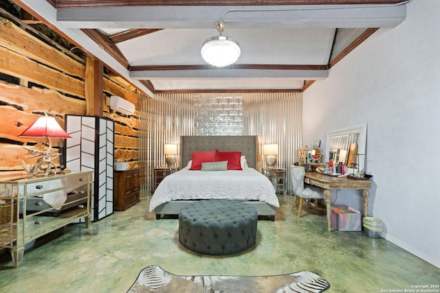 bedroom featuring an AC wall unit, baseboards, concrete floors, and beamed ceiling