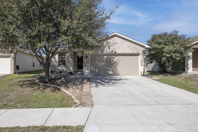 ranch-style house with brick siding, driveway, and an attached garage