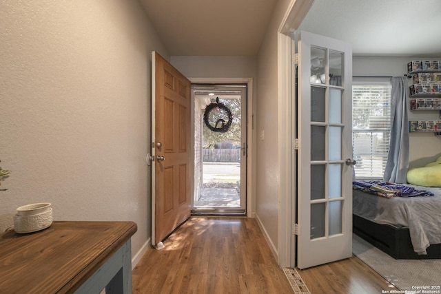 doorway featuring a healthy amount of sunlight, baseboards, and wood finished floors