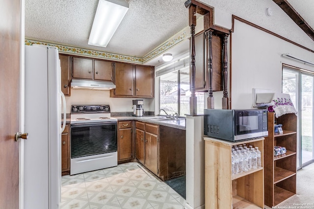 kitchen with electric range, light floors, freestanding refrigerator, under cabinet range hood, and black microwave