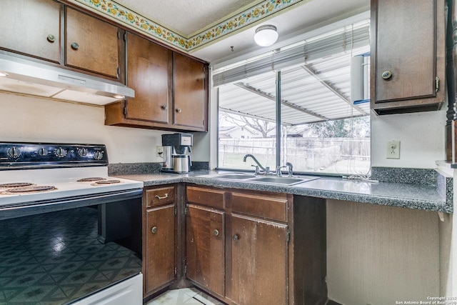 kitchen with a sink, under cabinet range hood, dark countertops, and electric stove