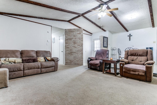 living room featuring a textured ceiling, ceiling fan, vaulted ceiling with beams, a baseboard heating unit, and carpet