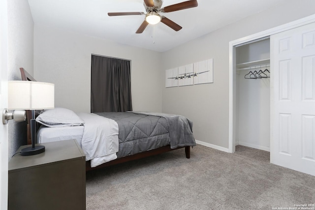 carpeted bedroom with ceiling fan, baseboards, and a closet