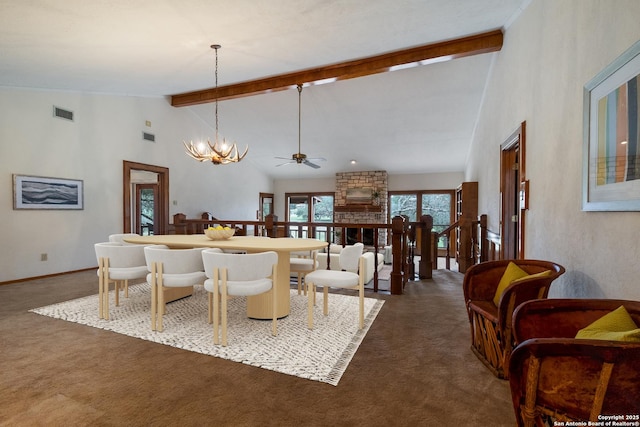 dining space with high vaulted ceiling, beamed ceiling, carpet, and visible vents