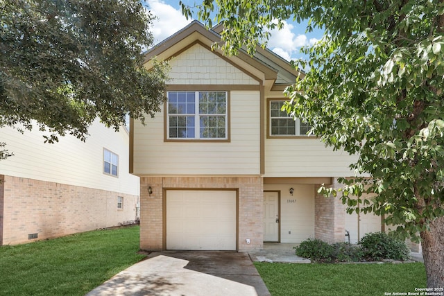 view of front of house featuring driveway, a garage, a front lawn, and brick siding