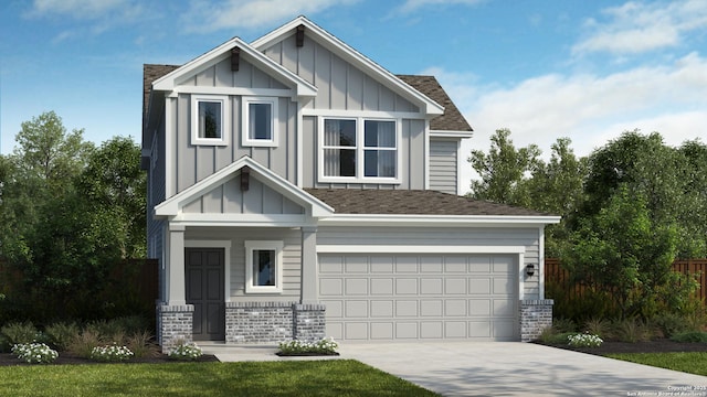 craftsman house with board and batten siding, concrete driveway, roof with shingles, and fence