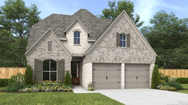 view of front facade with a garage, brick siding, fence, and driveway