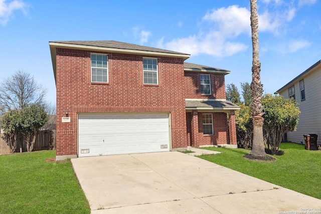 traditional-style home with brick siding and a front lawn