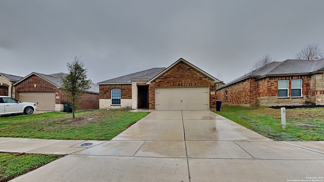 view of front of house featuring concrete driveway, stone siding, an attached garage, a front lawn, and brick siding