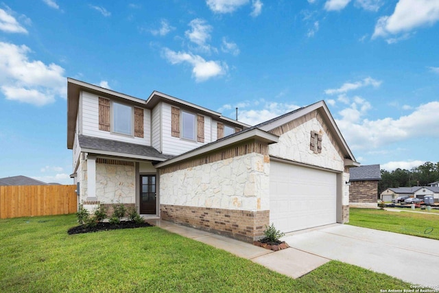 view of front of home featuring stone siding, driveway, a front lawn, and fence