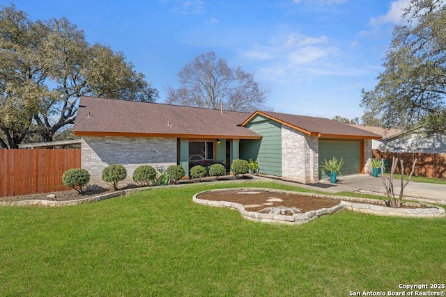 mid-century inspired home featuring driveway, a garage, fence, a front lawn, and brick siding