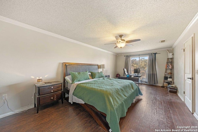 bedroom featuring visible vents, ceiling fan, wood finished floors, crown molding, and a textured ceiling