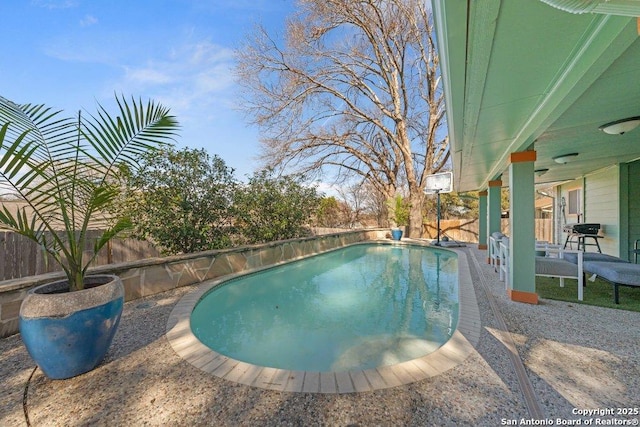 view of swimming pool with a patio, a fenced backyard, and a fenced in pool