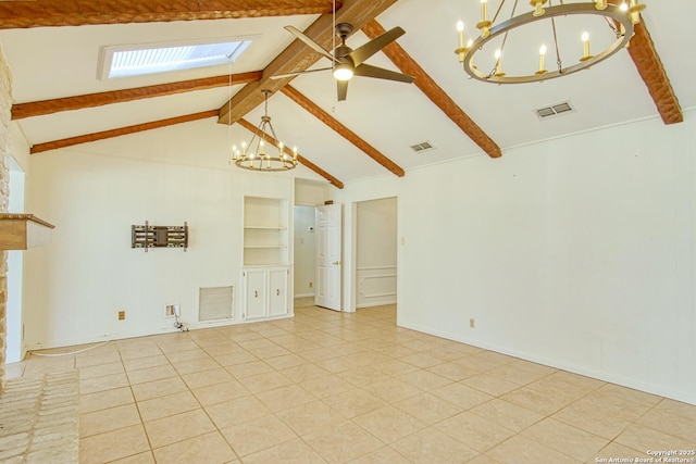 tiled spare room with ceiling fan with notable chandelier, vaulted ceiling with skylight, and visible vents