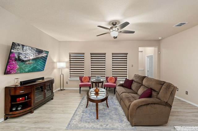 living area with a ceiling fan, visible vents, light wood-style flooring, and baseboards