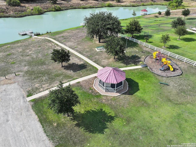 bird's eye view with a water view