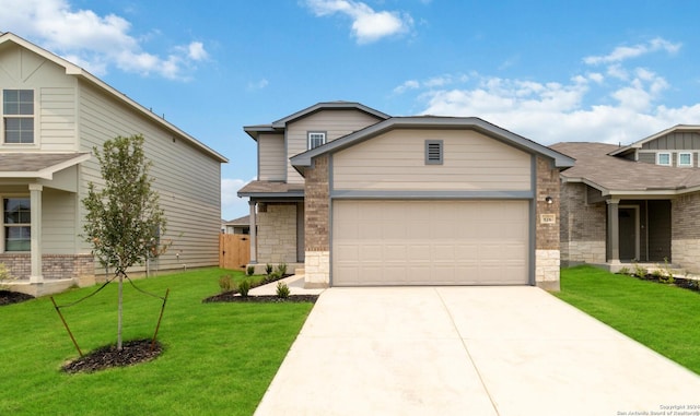 view of front facade with driveway, brick siding, an attached garage, and a front yard