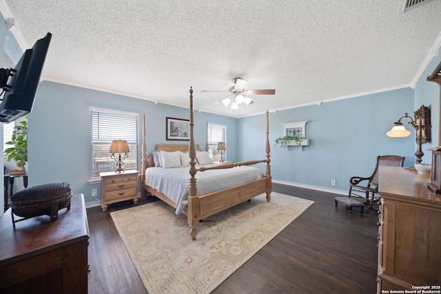 bedroom with crown molding, a textured ceiling, baseboards, and dark wood-style flooring