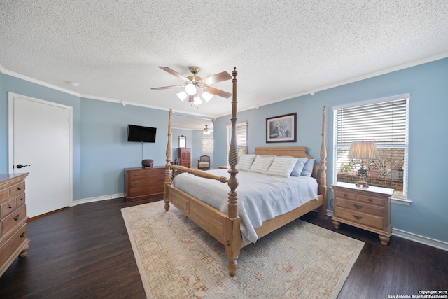 bedroom with dark wood-style floors, multiple windows, and crown molding