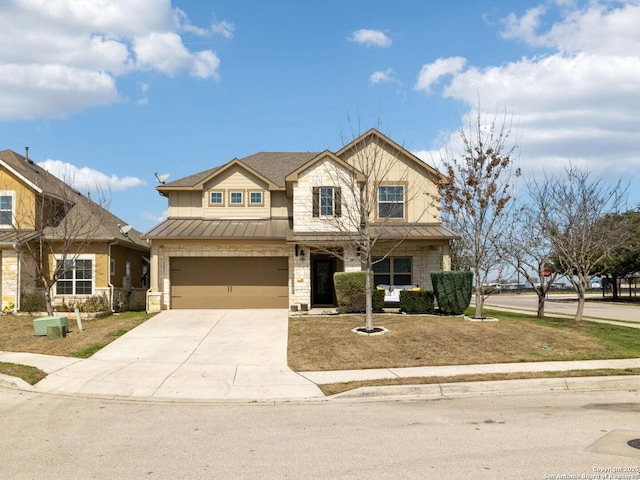 view of front of house featuring driveway, a garage, stone siding, metal roof, and a standing seam roof