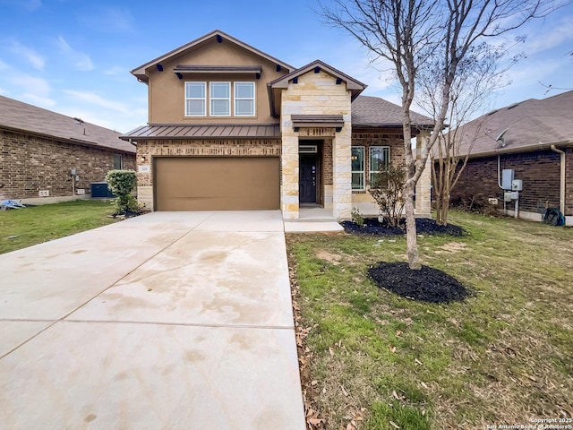 view of front of home with concrete driveway, stone siding, a standing seam roof, a front lawn, and central AC