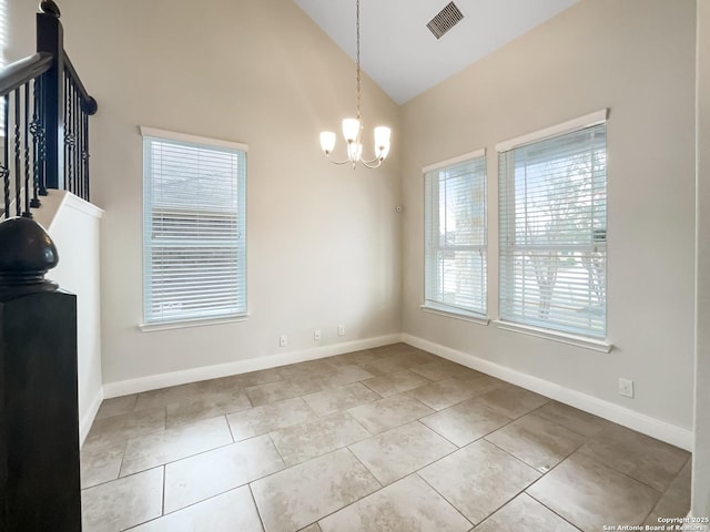 unfurnished dining area featuring visible vents, a chandelier, tile patterned flooring, baseboards, and stairs