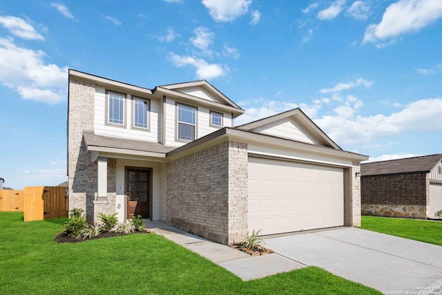 view of front of house with brick siding, an attached garage, fence, driveway, and a front lawn