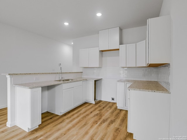 kitchen featuring light wood finished floors, light stone counters, backsplash, and a sink