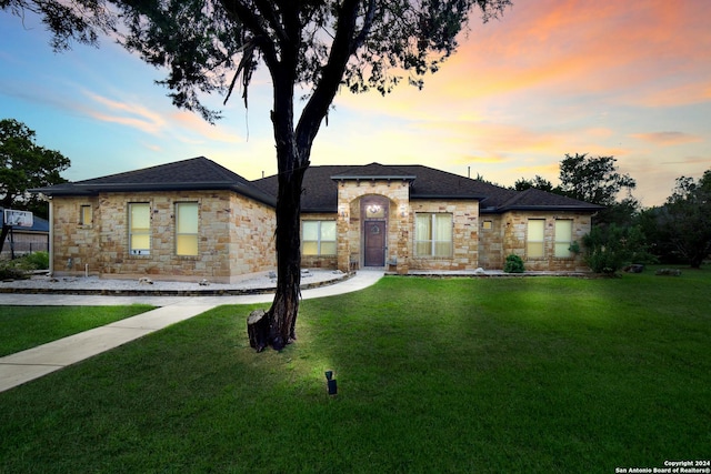 view of front of property featuring stone siding and a front lawn