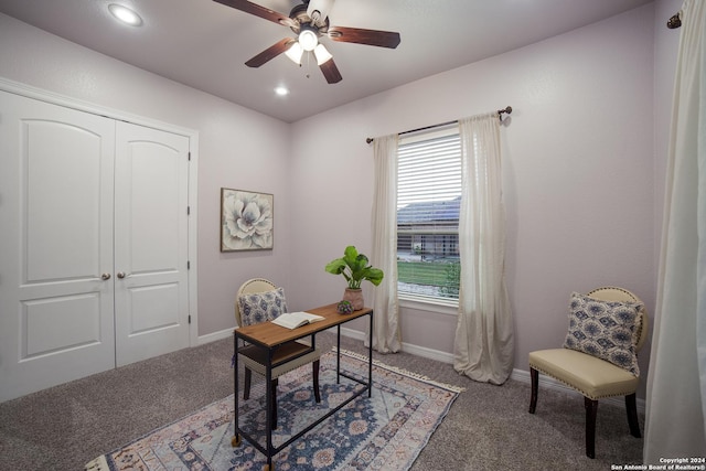 home office with ceiling fan, baseboards, carpet flooring, and recessed lighting