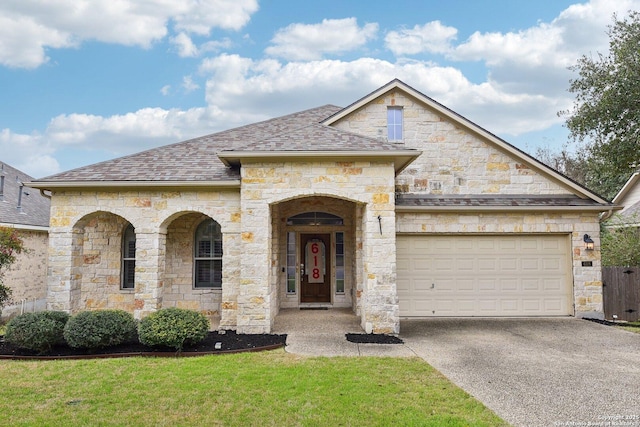 french country inspired facade featuring a shingled roof, a front yard, concrete driveway, and an attached garage