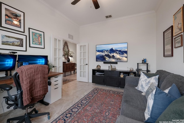 home office featuring ceiling fan, visible vents, crown molding, and french doors