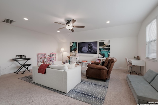 carpeted living area featuring lofted ceiling, visible vents, a ceiling fan, and recessed lighting