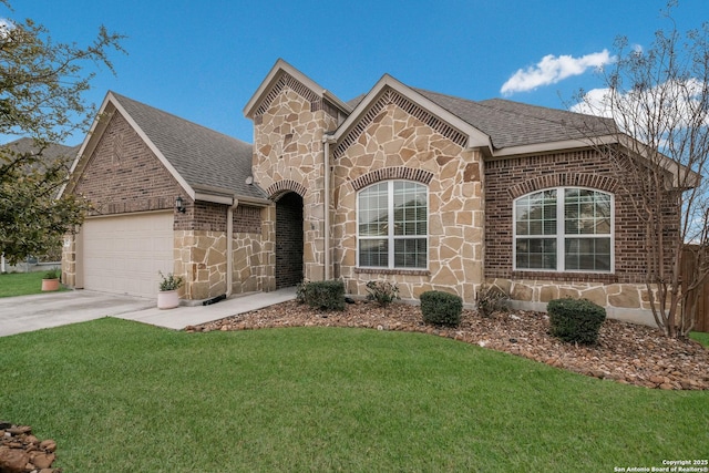 view of front of house with stone siding, roof with shingles, and concrete driveway