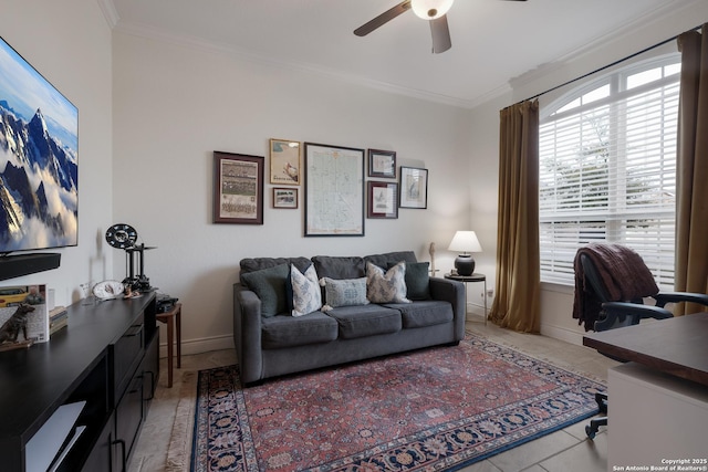 office featuring ornamental molding, ceiling fan, baseboards, and light tile patterned floors