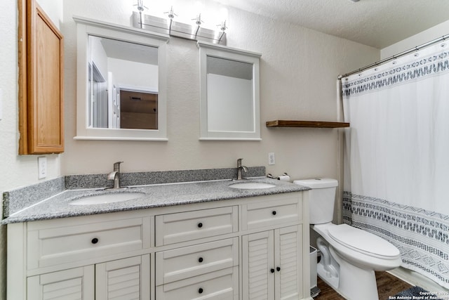 16110 Ambush Grv, San Antonio, TX 78247 - full bath featuring double vanity, toilet, a textured wall, and a sink