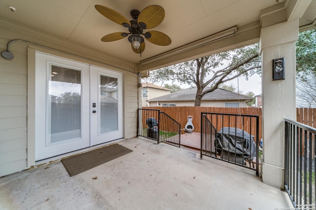 16110 Ambush Grv, San Antonio, TX 78247 - view of patio featuring french doors, a ceiling fan, and fence