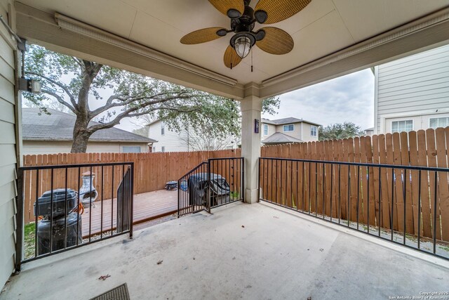 16110 Ambush Grv, San Antonio, TX 78247 - view of patio / terrace with a fenced backyard and ceiling fan