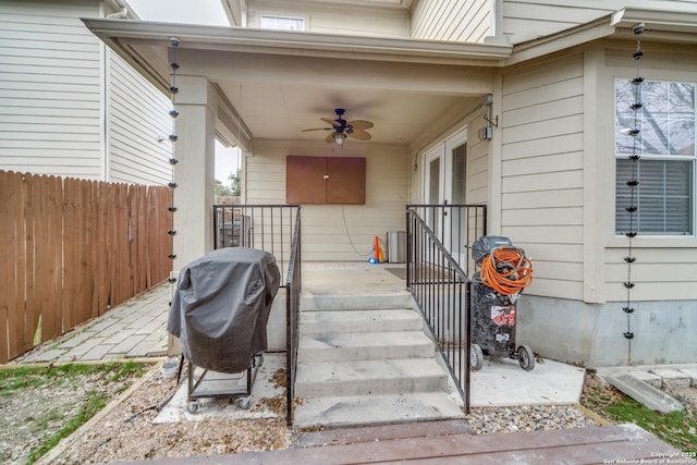 16110 Ambush Grv, San Antonio, TX 78247 - exterior space featuring french doors, a grill, ceiling fan, and fence