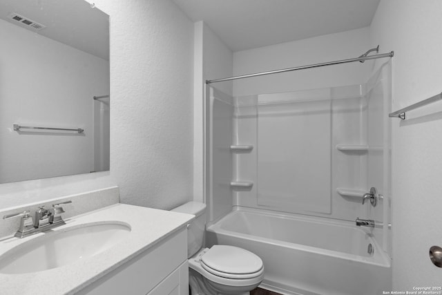 full bath featuring visible vents, a textured wall, toilet, vanity, and shower / tub combination