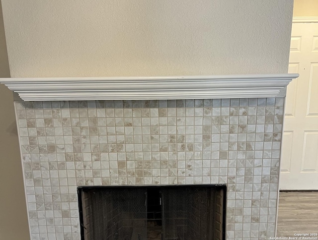 room details featuring a fireplace and wood finished floors