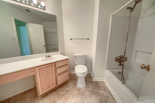 bathroom featuring visible vents, toilet, tub / shower combination, vanity, and baseboards