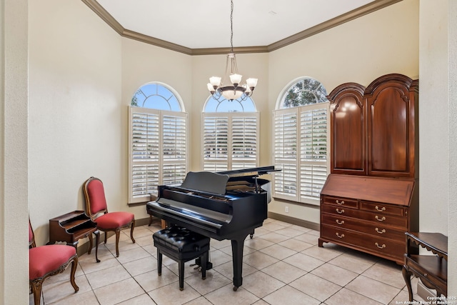 living area with a chandelier, light tile patterned flooring, ornamental molding, and baseboards