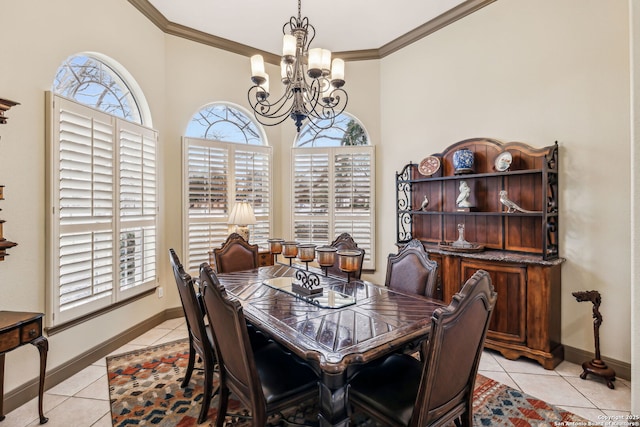 dining area featuring light tile patterned floors, baseboards, a chandelier, and crown molding