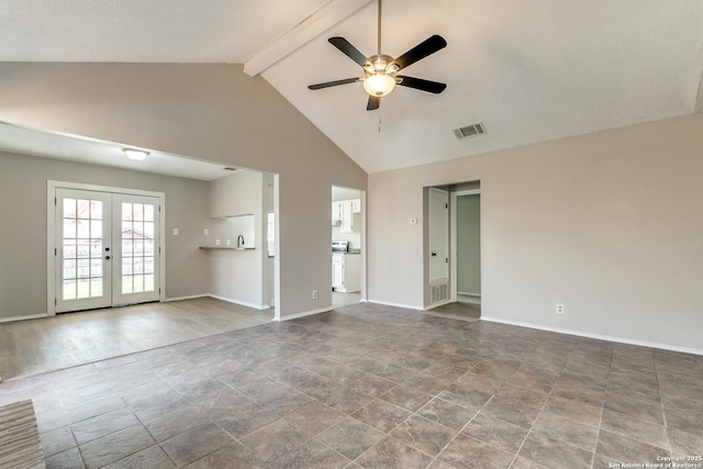 empty room with french doors, visible vents, high vaulted ceiling, beamed ceiling, and baseboards