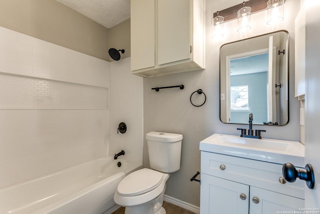 bathroom featuring shower / bath combination, baseboards, toilet, a textured ceiling, and vanity