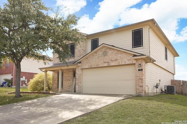 traditional-style house featuring brick siding, a front yard, central AC, fence, and driveway