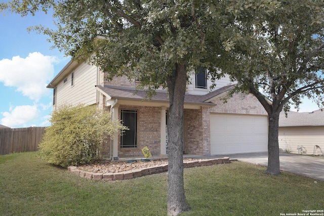 view of property hidden behind natural elements with driveway, brick siding, a front yard, and fence