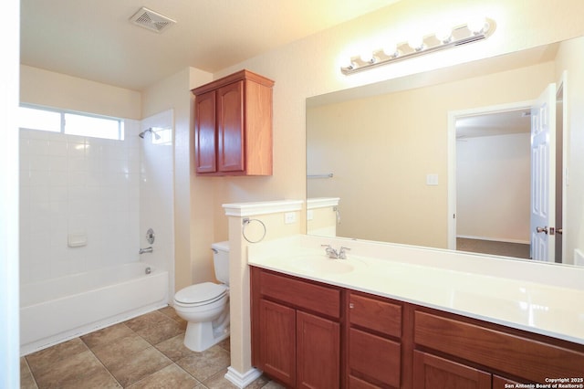 bathroom with visible vents, toilet, shower / tub combination, tile patterned flooring, and vanity