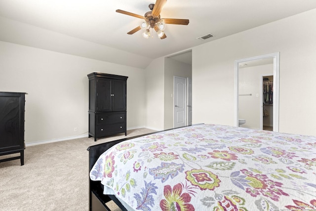 bedroom with light carpet, baseboards, visible vents, a ceiling fan, and vaulted ceiling